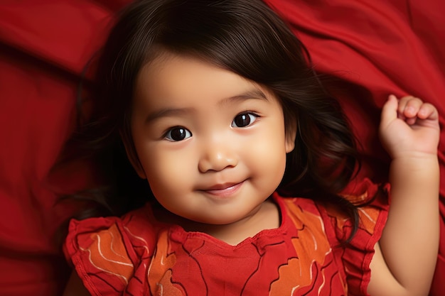Bebê asiático deitado no tapete vermelho