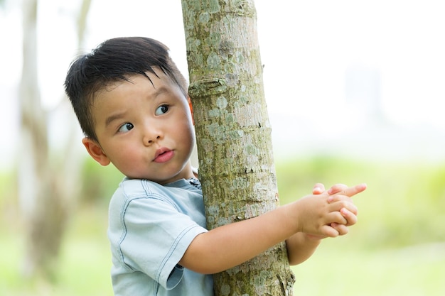 El bebé asiático sube al árbol.