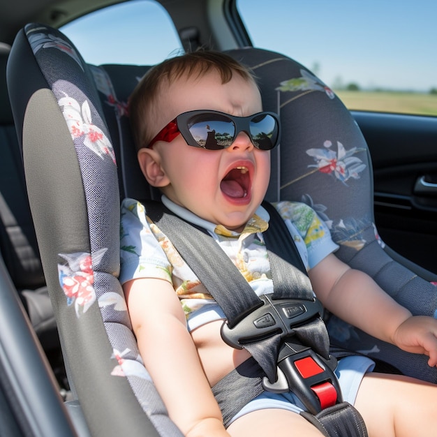 Foto bebé en el asiento del coche llorando en voz alta