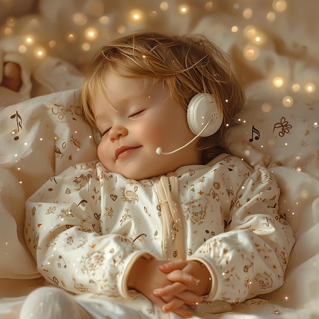 Un bebé con auriculares durmiendo en una cama con una manta blanca y luces en el fondo y un