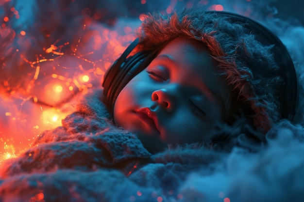 Foto bebé con auriculares escuchando música en el bosque de invierno por la noche