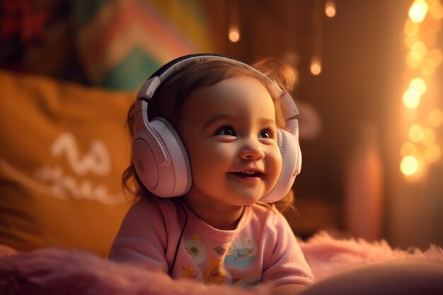 Un bebé con auriculares está sonriendo y con una camisa que dice "baby"