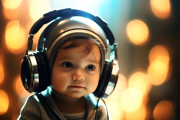 Un bebé con auriculares puestos y una luz de fondo.