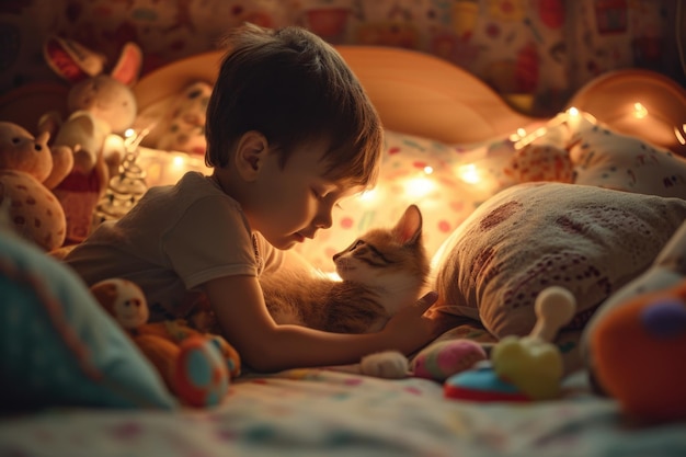 Foto bebé balanceando suavemente a un gatito antes de irse a la cama