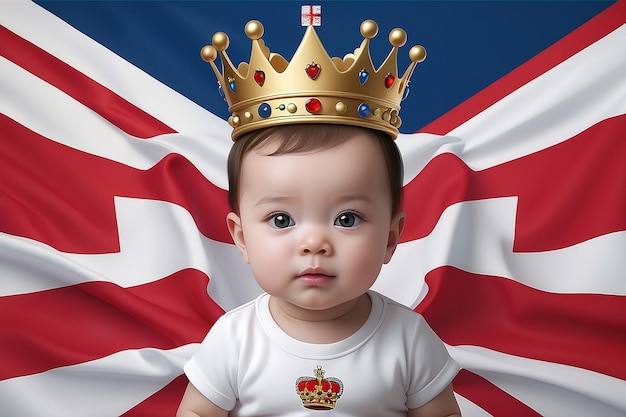 Foto bebé con bandera inglesa y corona ai generativo
