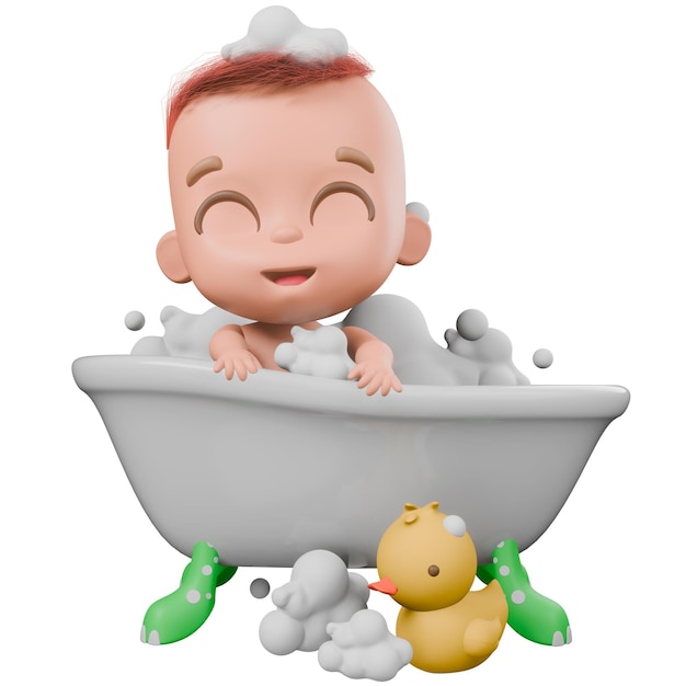 un bebé en una bañera con un pato y patitos