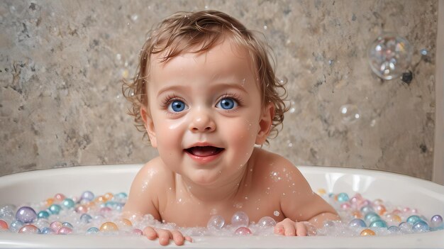 Foto un bebé está en un baño con burbujas en la bañera