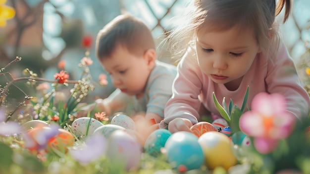 un bebé y un bebé están jugando con huevos de Pascua