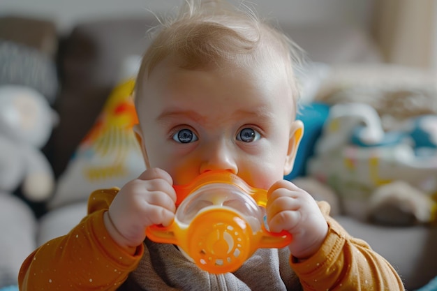 Foto el bebé bebiendo leche de una taza