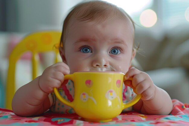 El bebé bebiendo leche de una taza