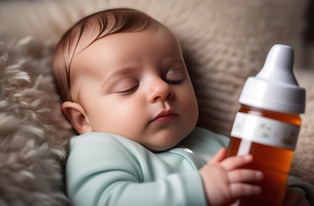 El bebé bonito durmiendo con una botella de té para un sueño relajante