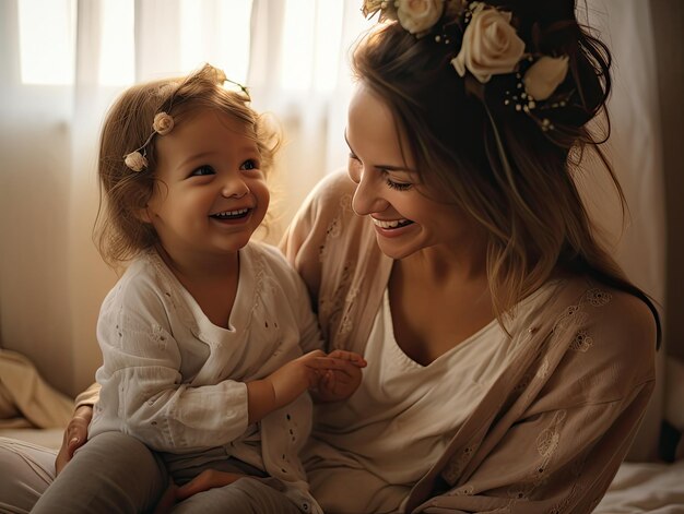 Bebê bonito e mãe rindo de alegria luz natural suave em um quarto aconchegante