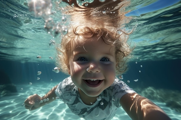 Foto bebê bonito nadando debaixo d'água bebê mergulhando