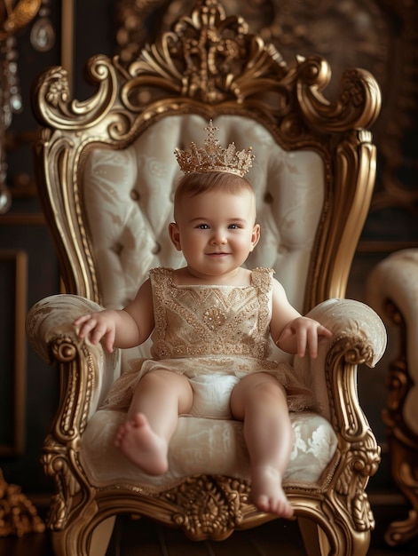 Foto bebê bonito sentado no trono em um interior apropriado ao estilo
