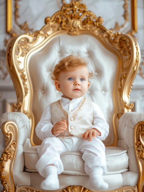 Bebê bonito sentado no trono em uma foto de estúdio interior apropriada