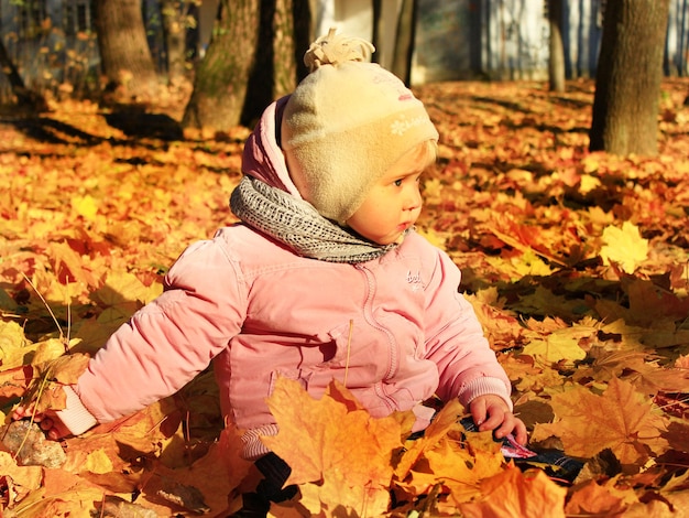 bebê brinca com folhas amarelas de outono no parque