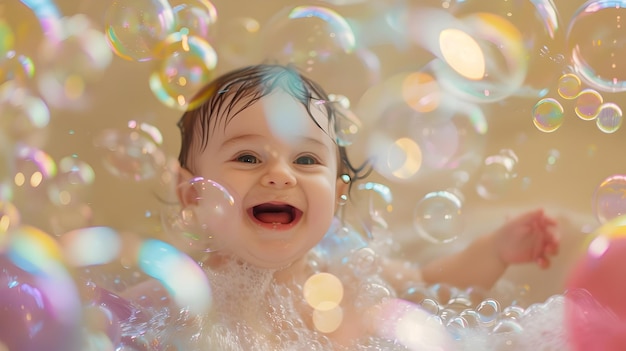 Foto bebê brincalhão espalhando-se em bolhas riso ecoando no ar