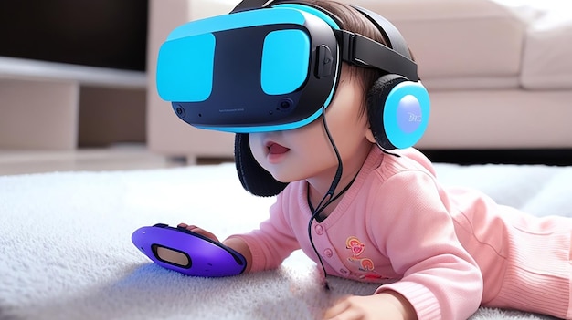 Bebê brincando com fones de ouvido VR Metaverse e tecnologia futura