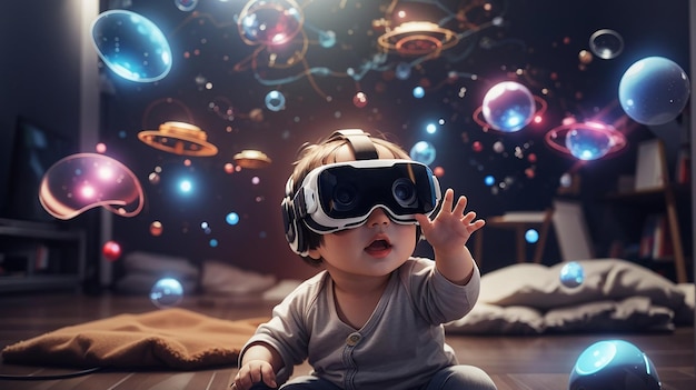 Bebê brincando com fones de ouvido VR Metaverse e tecnologia futura