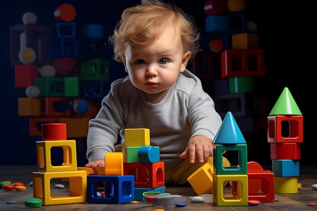 Bebê brincando com um brinquedo de empilhamento colorido