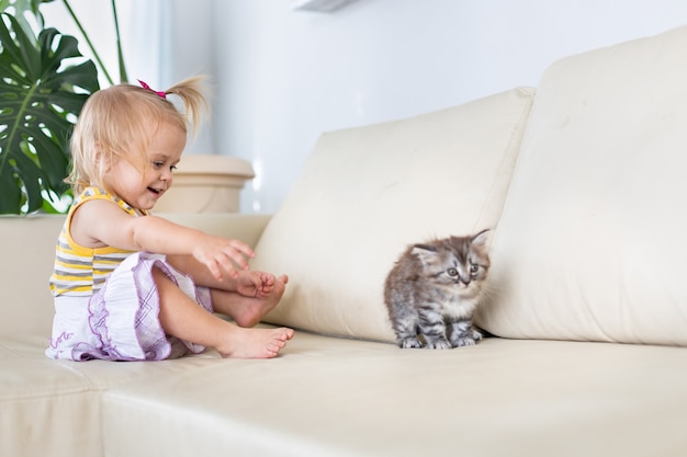 Bebê brincando com um gatinho no sofá