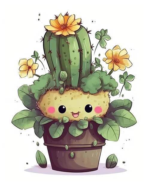 Bebé cactus sonriendo Lindo bebé cactus sonriendo en un florero escenografía Linda ilustración de cactus Lindo cactus bebé planta arte paquete con flores para adultos y niños AI generado