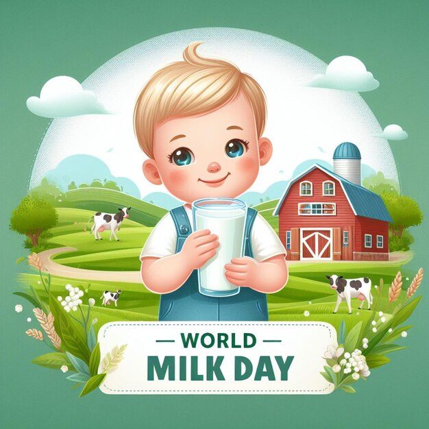 un bebé con un cartón de leche y una imagen de un niño y un granero en el fondo