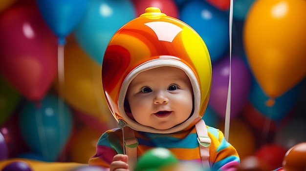 Un bebé con un casco de colores en la cabeza y un globo al fondo