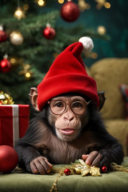 Foto bebé chimpancé con sombrero de navidad imagen creada con la tecnología generative ai