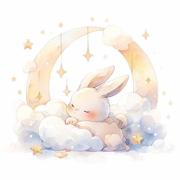 Bebê coelho sonhador dormindo no céu ao luar