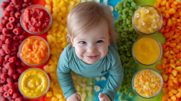 Bebê com comida numa mesa colorida