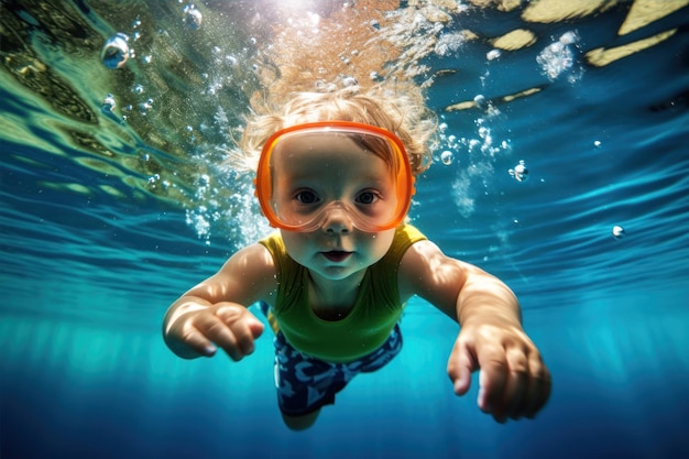 Foto bebê com óculos de proteção mergulhando na piscina aprendendo a nadar debaixo d'água