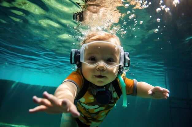 Foto bebê com óculos de proteção mergulhando na piscina aprendendo a nadar debaixo d'água