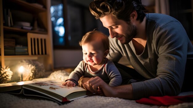 Foto bebê com os olhos abertos olhando para um livro de histórias com os pais