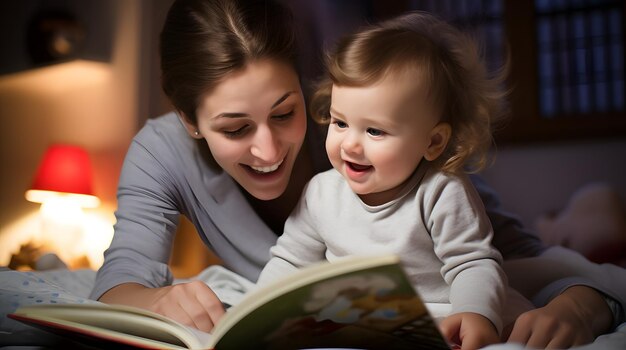 Foto bebê com os olhos abertos olhando para um livro de histórias com os pais