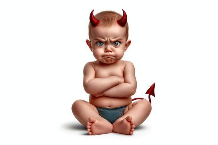 Foto bebê com uma expressão astuta como um diabo isolado em fundo branco