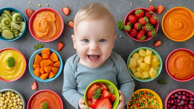 Bebê com uma variedade de alimentos nutritivos coloridos