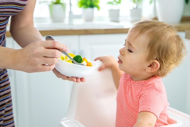 El bebé come verduras en una silla Enfoque selectivo Niño