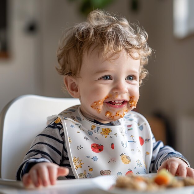 Foto un bebé con comida en la cara está comiendo