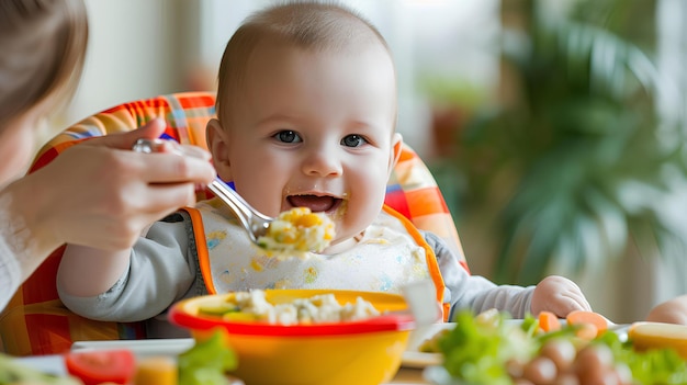 Un bebé comiendo comida de un cuenco