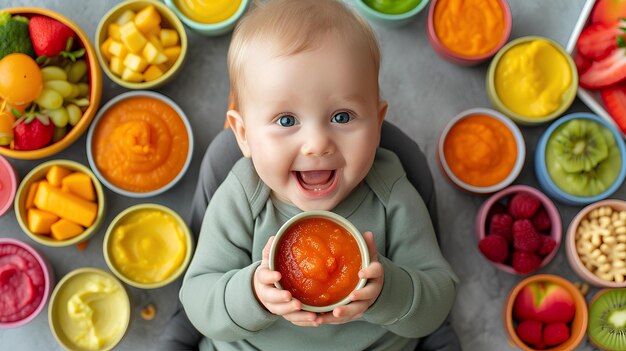 Un bebé con un cuenco lleno de alimentos coloridos.