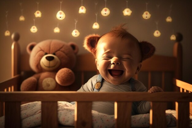 Un bebé en una cuna con un oso de peluche en la pared.