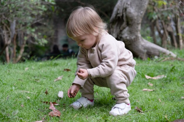 Foto bebé curioso en el campo de hierba en el parque