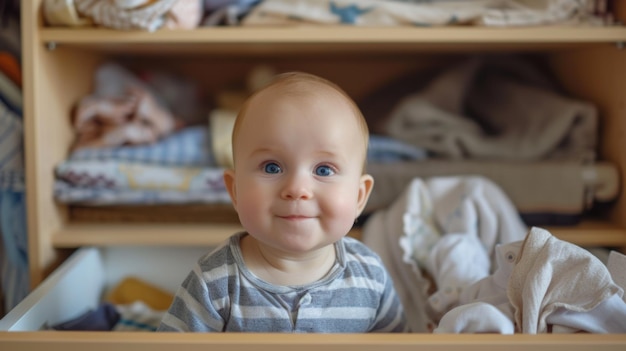 Bebê curioso espreitando de uma gaveta de roupas