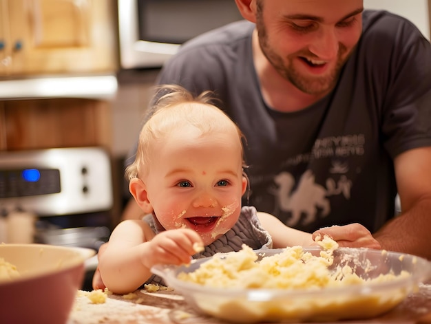 Bebê da cozinha da mãe na cadeira alta