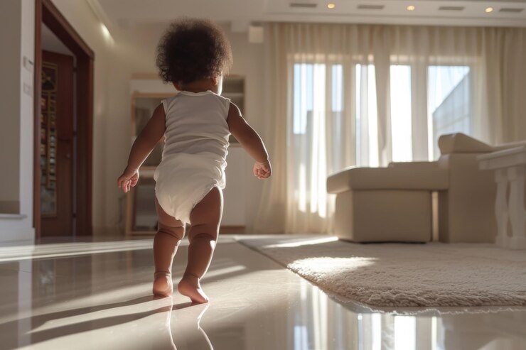 El bebé da sus primeros pasos con el apoyo de los padres en casa