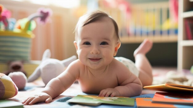 Bebê de 7 meses deitado no chão