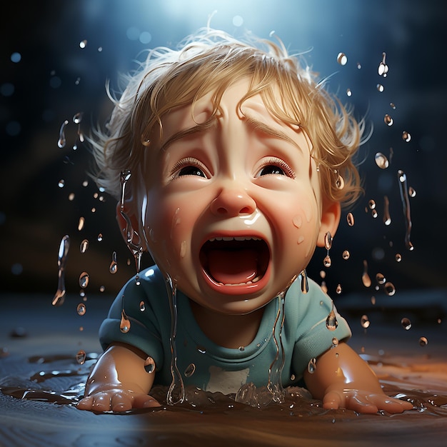 bebê de desenho animado chorando com lágrimas fluindo