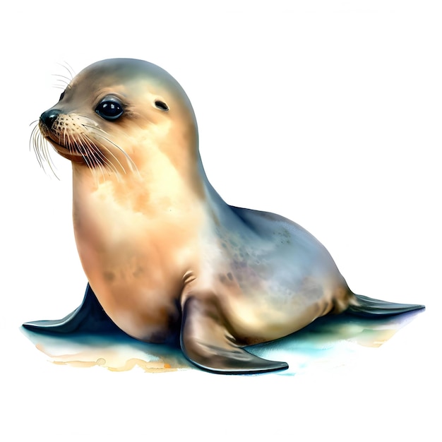Bebê de foca ou leão-marinho isolado em um estilo de aquarela de fundo branco