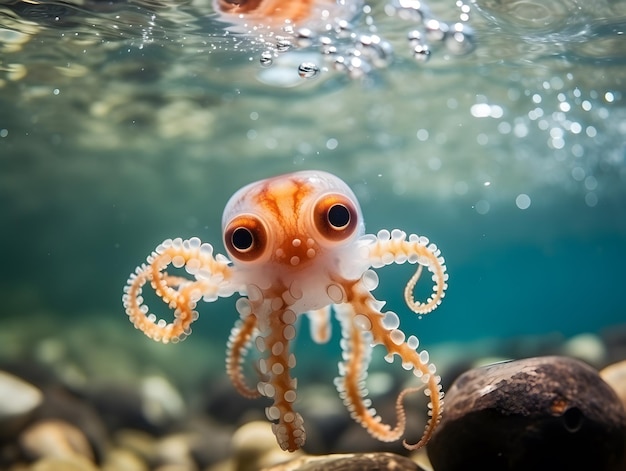 Bebê de polvo nadando no oceano Pacífico